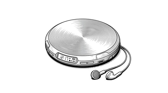 Detailed Line Art Portable CD Player with Earphones Illustration