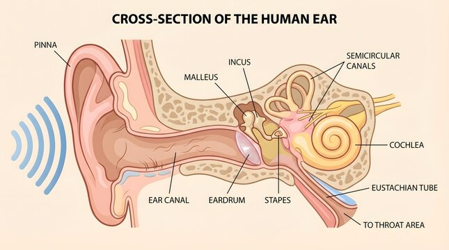 Detailed Anatomical Educational Illustration of Human Ear Cross Section and Hearing Mechanism Diagram