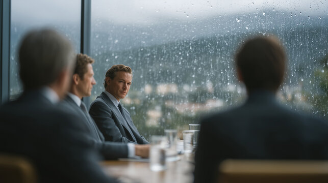 International cyber diplomacy negotiators in glass conference room overlooking rain soaked city, reviewing draft mutual attribution framework, bilateral treaty, cybersecurity policy, government rela