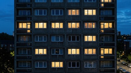 Obraz premium Apartment Building at Dusk - Illuminated Windows and Evening Sky.
