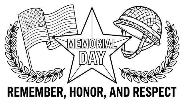 Black and White Outline Memorial Day Celebration with Flag Helmet Wreath Icon