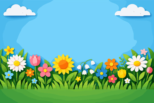 3D Papercut Spring Meadow Background with Colorful Blooming Flowers, Green Grass, and White Clouds on Blue Sky. Vibrant Origami Floral Landscape Vector Illustration for Greeting Cards and Banners.