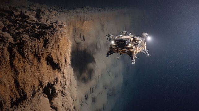 remotely operated vehicle illuminating sheer canyon wall at 1200 meters depth, seafloor geology survey, continental shelf exploration, deep ocean research, sediment layers, submarine topography, oce
