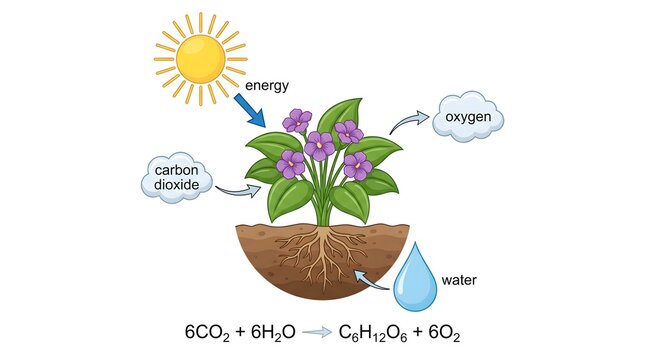 Detailed Colorful Illustration of Photosynthesis Process with Flower Plant Diagram