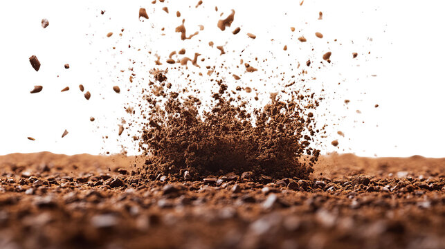 Close-up of brown soil particles exploding upwards against a black background