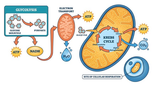 Detailed Illustration of Cellular Respiration Process Including Glycolysis and Krebs Cycle