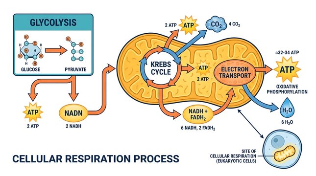 Detailed Diagram Illustration of Cellular Respiration Process Including Glycolysis and Krebs Cycle