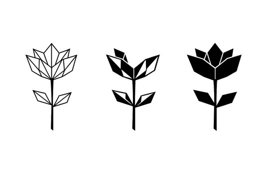 Set of Three Black Geometric Flower Icons with Polygonal Origami Design, Minimalist Floral Vector Illustration Featuring Outline, Shaded, and Solid Silhouette Styles for Modern Branding and Logo
