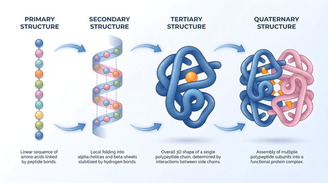 Detailed Colorful Diagram of Protein Structure Levels Explanation Illustration