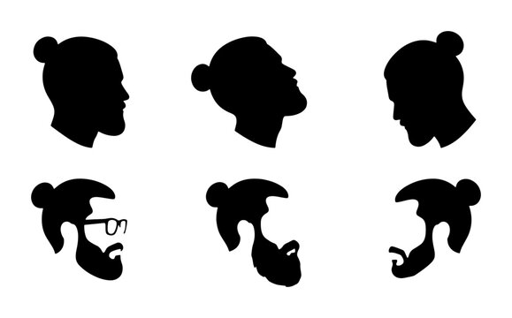 Bearded Man Silhouettes, Diverse Hairstyles & Facial Hair Styles, Modern Male Profile Icons, Vector Set for Graphic Design