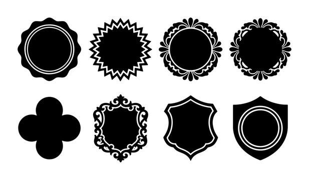 Set of 8 Black Decorative Vector Badges, Emblems, and Seals. Vintage Style Graphic Elements for Design.