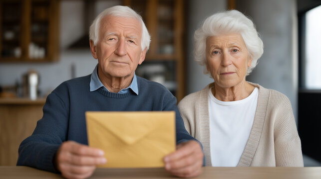 Elderly white couple at kitchen table, one pushing sealed envelope toward the other, faces tense, inheritance documents visible, golden hour window light, family estate decision, wealth transfer con