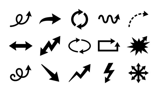 Diverse Arrow Icon Set, Vector Graphics Collection: Directional Symbols, Circular Arrows, Jagged Lines, and Dash Arrows for Navigation and Process Flow