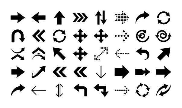Diverse Arrow Icon Set, Vector Graphics Collection for Navigation and Directional Cues, Black Symbols on White Background