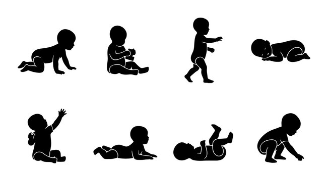 Baby Development Stages Silhouette Collection, Newborn Milestones Vector Icons, Infancy Growth Phases, Child Learning Movement Set
