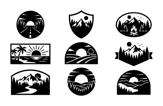 Nature Landscape Icons Set, Mountain Scenes, Sunset Beach, Forest Elements, Outdoor Adventure Badges, Vector Graphics