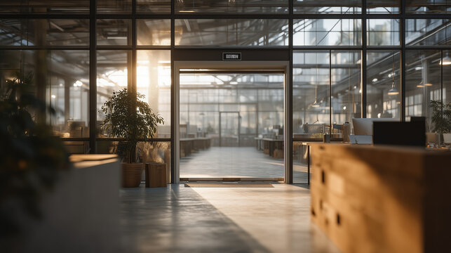 Wide establishing view of zero trust network operations hub in converted warehouse industrial setting, glass partitioned zones with biometric entry checkpoints, enterprise security architecture, acc