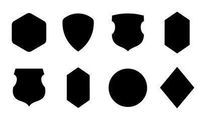 Set of 8 Black Geometric Shield and Emblem Shapes, Vector Icons for Heraldry and Security Concepts, Minimalist Design Elements © Rony