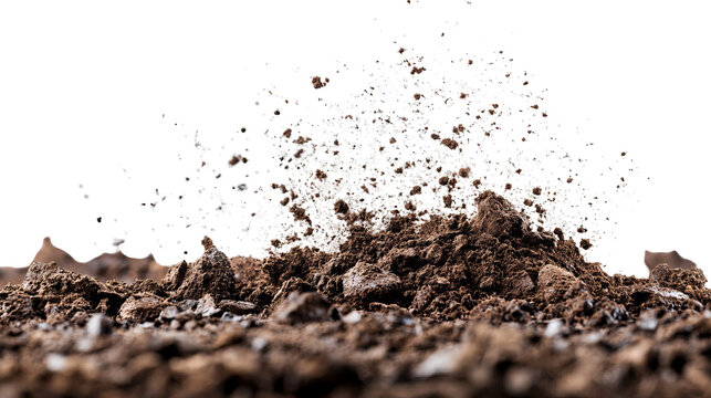 Close-up of soil explosion against black background, particles and dirt flying up