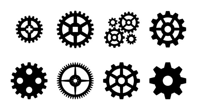Set of 8 Black Gear Icons, Mechanical Cogwheel Vector Graphics, Industrial Machine Parts, Technical Engineering Elements, Precision Machinery Symbols
