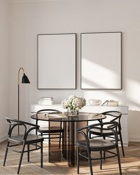 Modern Living Room Poster Frame Mockup with Natural Light and Minimalist Decoration. 3D render.