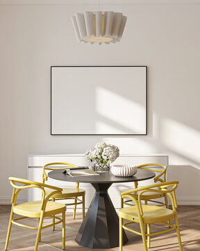 Modern Living Room Poster Frame Mockup with Natural Light and Minimalist Decoration. 3D render.
