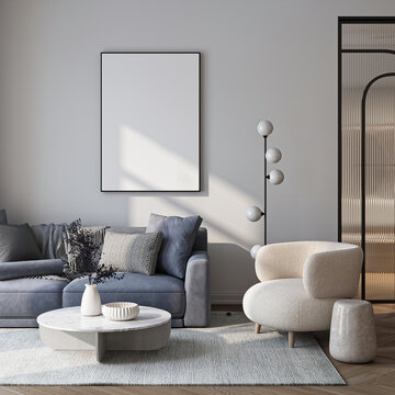 Modern Living Room Poster Frame Mockup with Natural Light and Minimalist Decoration. 3D render.