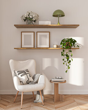 Modern Living Room Poster Frame Mockup with Natural Light and Minimalist Decoration. 3D render.