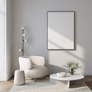 Modern Living Room Poster Frame Mockup with Natural Light and Minimalist Decoration. 3D render.