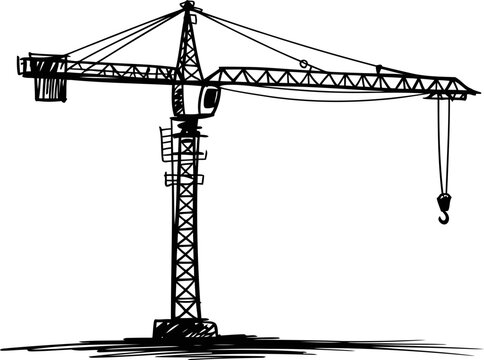 construction crane silhouette with jib arm and hook in black and white isolated on white background