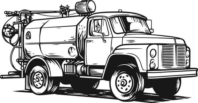 Vintage septic truck with tank, hose reel, and industrial cleaning equipment, detailed hand drawn illustration