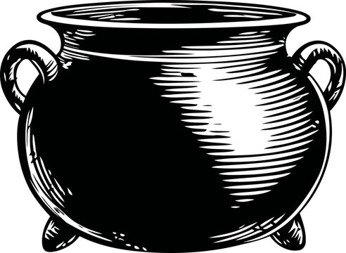 Vintage cauldron illustration with handles and three legs, black and white antique cooking pot design