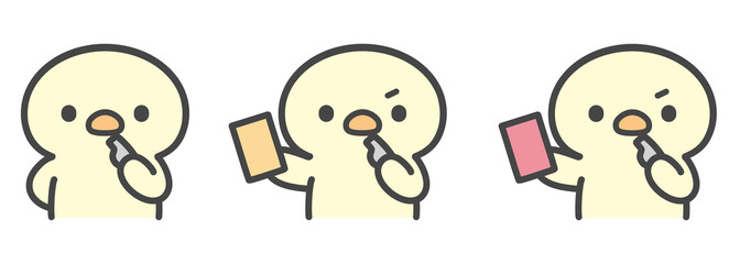 ホイッスルを吹いてカードを出すひよこの手書きイラストセット © Nitomaru