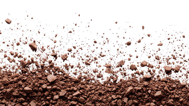 Granular brown earth in mid-air against black, showing soil particles and small rocks