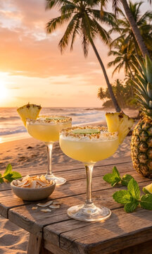 C&oacute;cteles tropicales de pi&ntilde;a en la playa al atardecer con palmeras de fondo