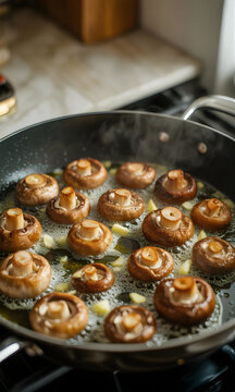Champi&ntilde;ones salteados con ajo en una sart&eacute;n caliente sobre una estufa de gas