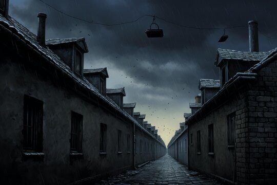 Long alleyway between repeating dark tenement houses under a stormy sky with falling rain