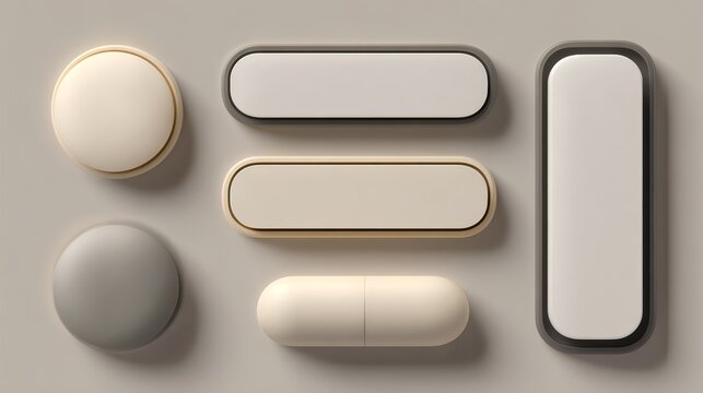 27.Set of neumorphic buttons with oval, pill, and rounded rectangle forms, smooth extruded surfaces, gentle light source, soft depth effect, clean UI UX presentation