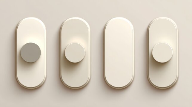 27.Set of neumorphic buttons with oval, pill, and rounded rectangle forms, smooth extruded surfaces, gentle light source, soft depth effect, clean UI UX presentation