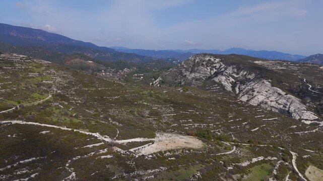 Aerial Reveal of Pera Pedi Village Over Troodos Mountain Ridge Cyprus