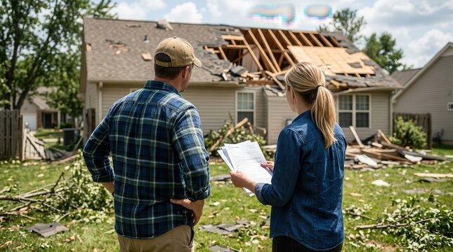 Insurance agent assesses damaged house roof with homeowner after a storm.
