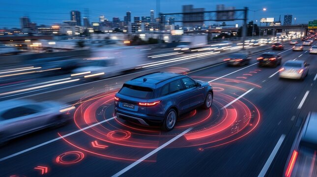 Autonomous self-driving vehicle with digital radar system driving on a city highway.