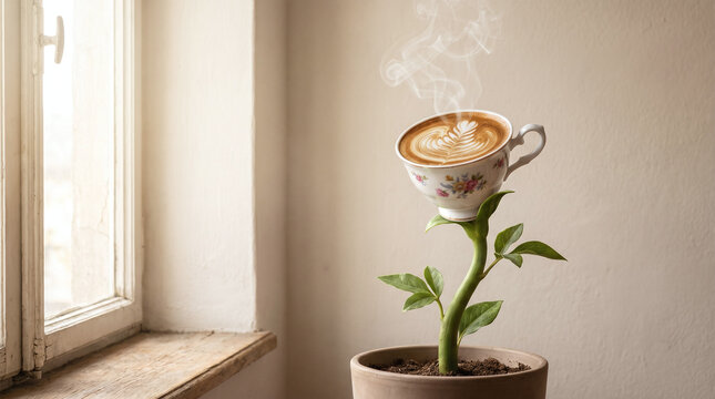 Surreal conceptual art of a vintage coffee cup growing like a blooming flower on a green plant stem near a sunny window.