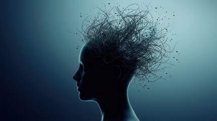 Fototapeta premium Abstract human head profile with tangled dark lines on a blue gradient background.