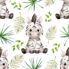 Seamless watercolor pattern with cute baby zebra and tropical foliage, hand painted repeating jungle background for kids textiles, wallpaper, wrapping paper and playful surface design © Cristina
