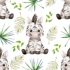 Seamless watercolor pattern with cute baby zebra and tropical foliage, hand painted repeating jungle background for kids textiles, wallpaper, wrapping paper and playful surface design © Cristina