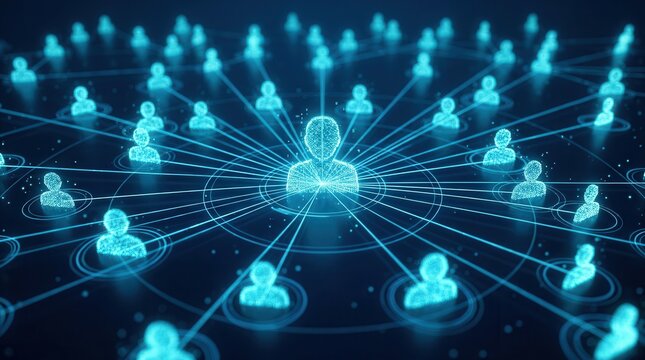 Customer Relationship Management system shown as a glowing network of people icons.