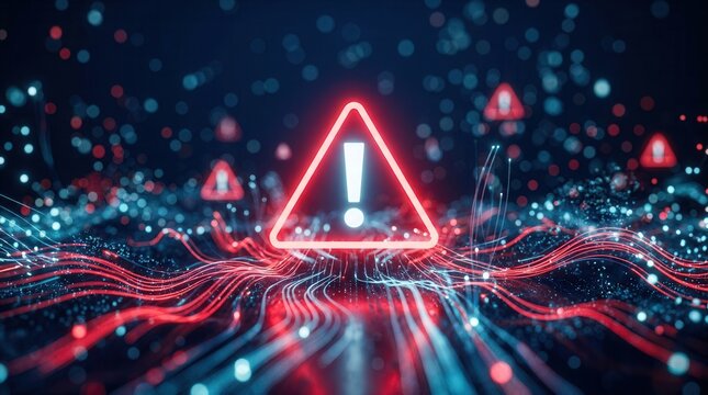 Abstract digital network featuring a glowing red warning sign for system overload.