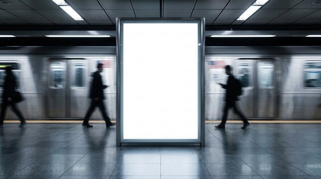 Blank vertical billboard mockup in a subway station with a passing train and motion blur.