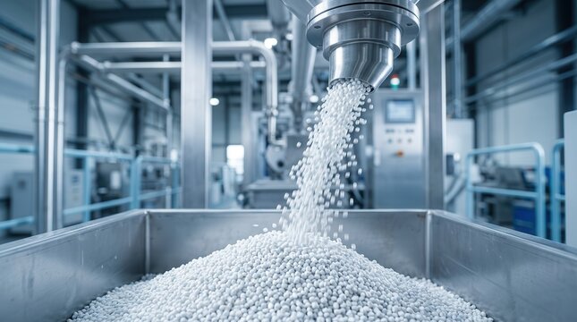 White plastic pellets pouring from an industrial machine into a collection bin.